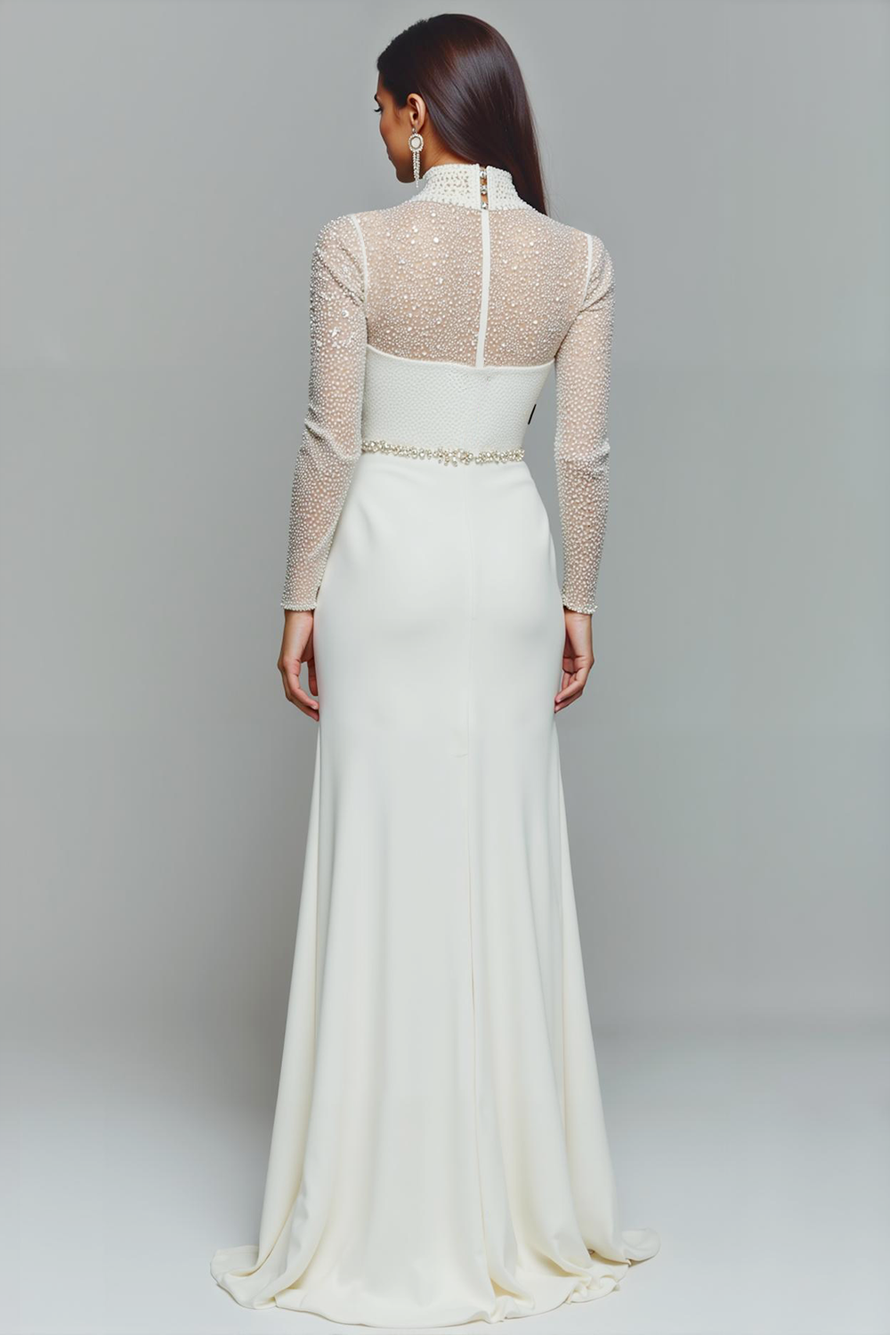 White Mermaid High Neck Maxi Wedding Reception Dress with Beading