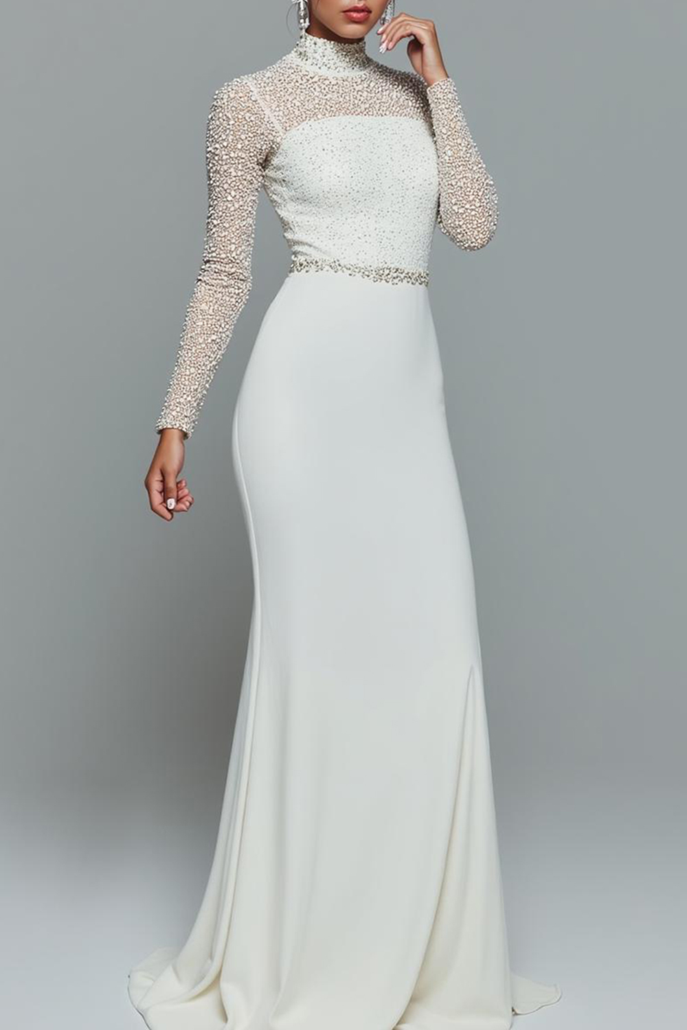 White Mermaid High Neck Maxi Wedding Reception Dress with Beading