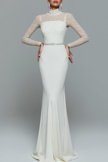 White Mermaid High Neck Maxi Wedding Reception Dress with Beading