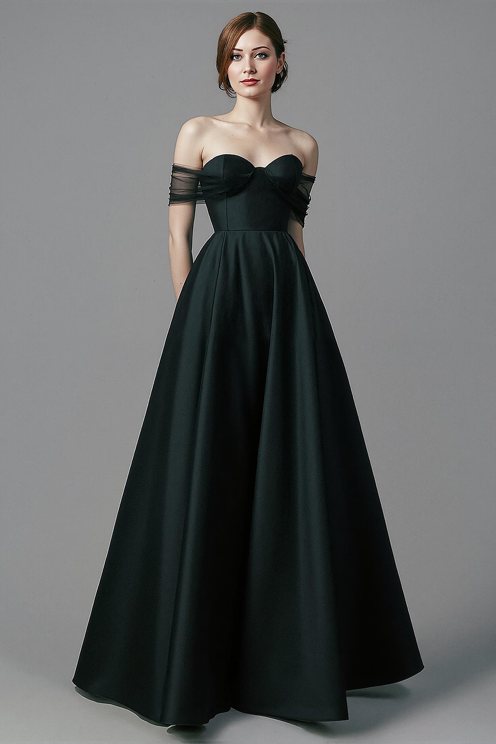 Simple Black Satin A Line Off the Shoulder Long Wedding Guest Dress