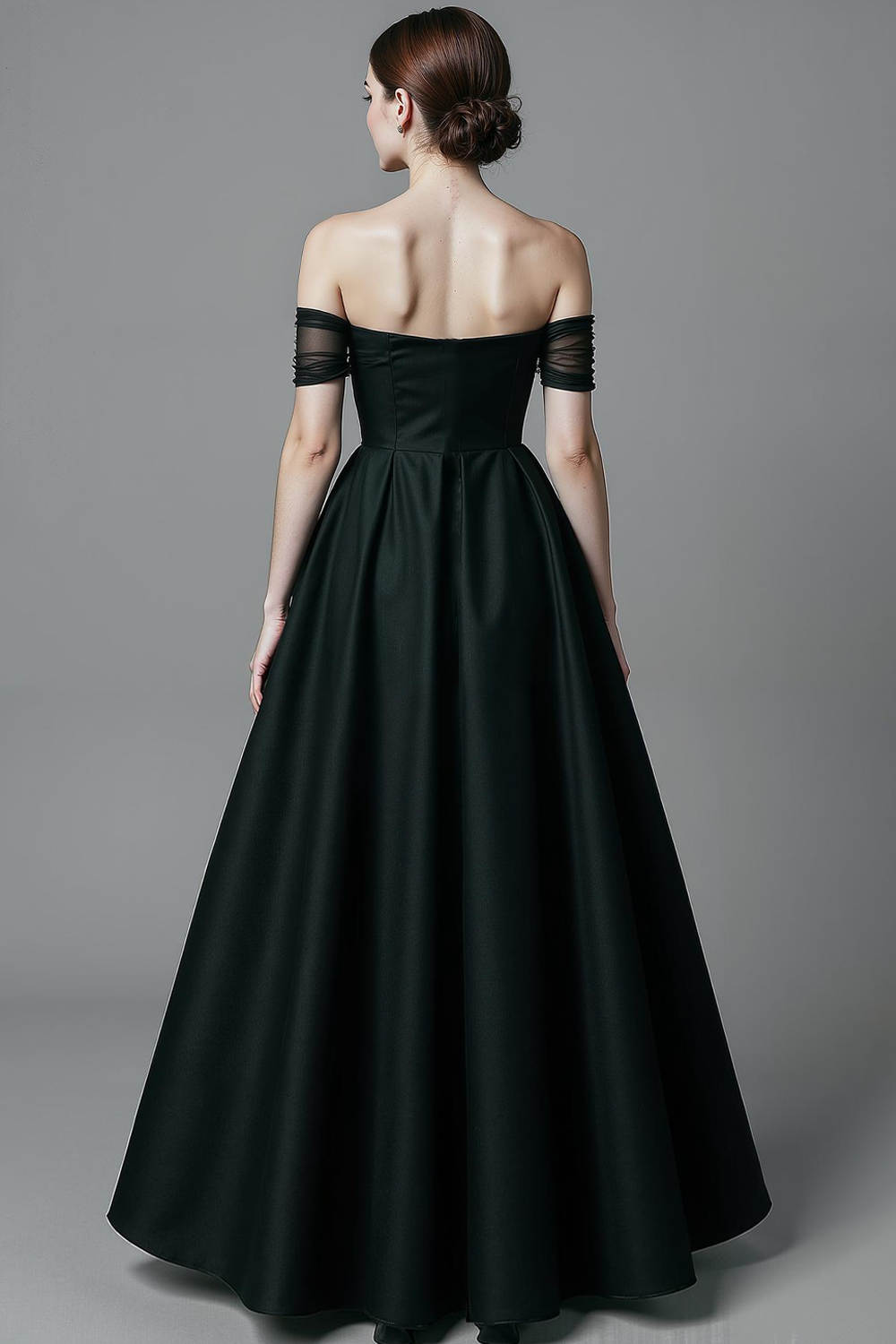 Simple Black Satin A Line Off the Shoulder Long Wedding Guest Dress