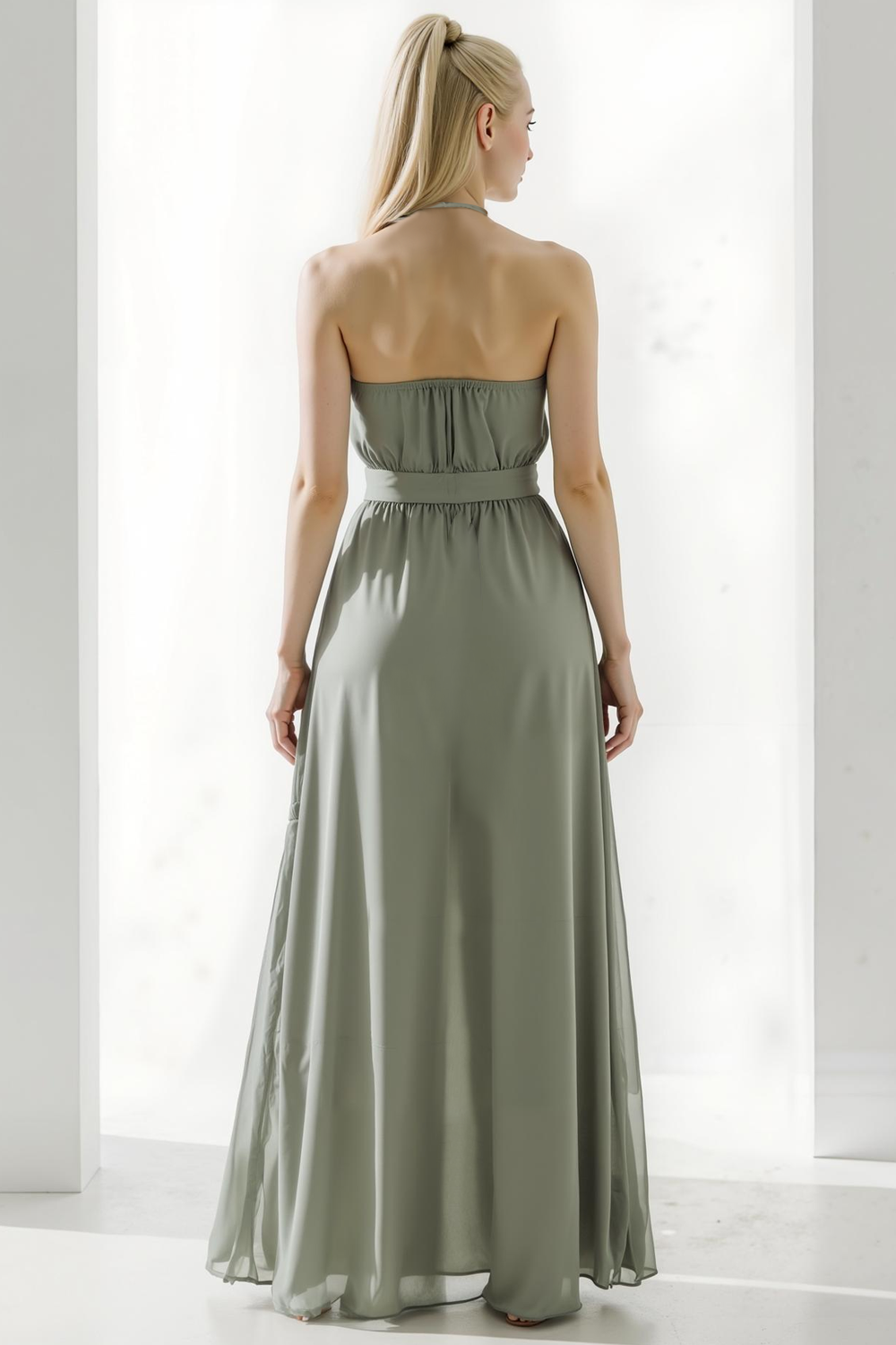 Sage Green Chiffon A Line Halter Maxi Bridesmaid Dress with Sash