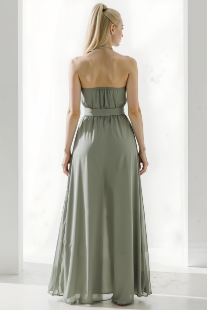 Sage Green Chiffon A Line Halter Maxi Bridesmaid Dress with Sash