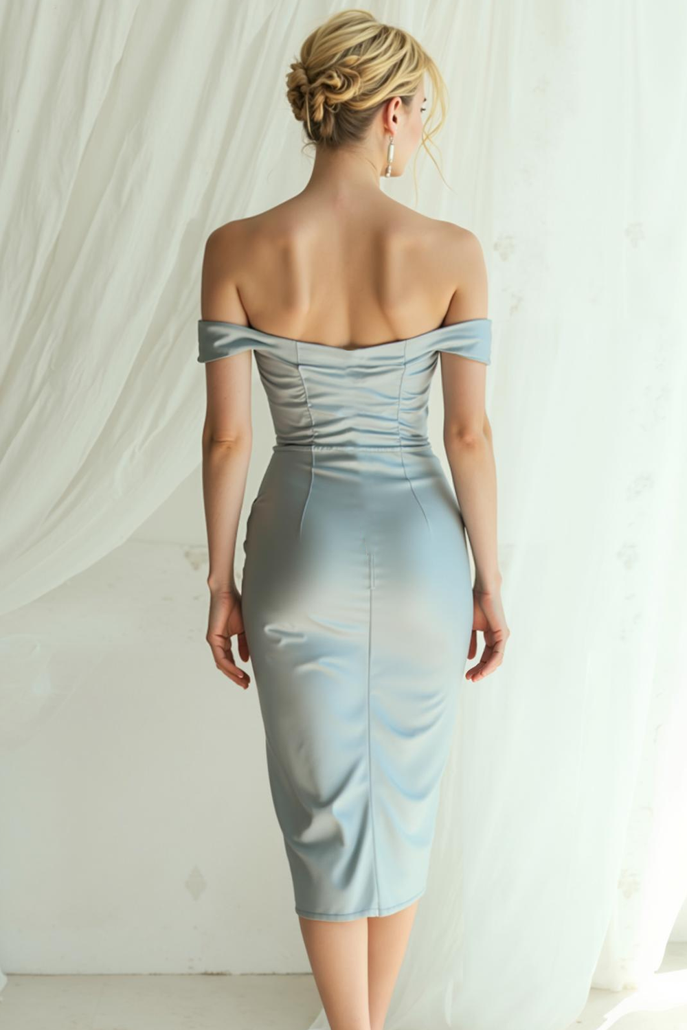Dusty Blue Satin Sheath Off the Shoulder Midi Wedding Guest Dress with Slit