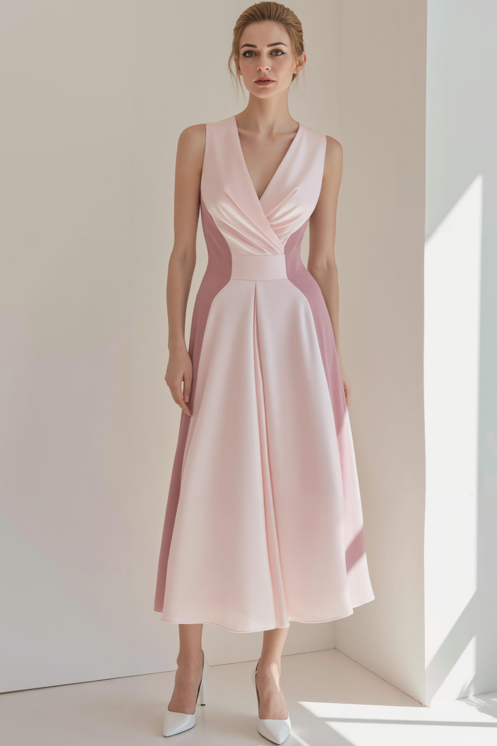Leely Women Pink Satin Long Wedding Guest Dress Ruched V-Neck A Line Wedding Party Dress