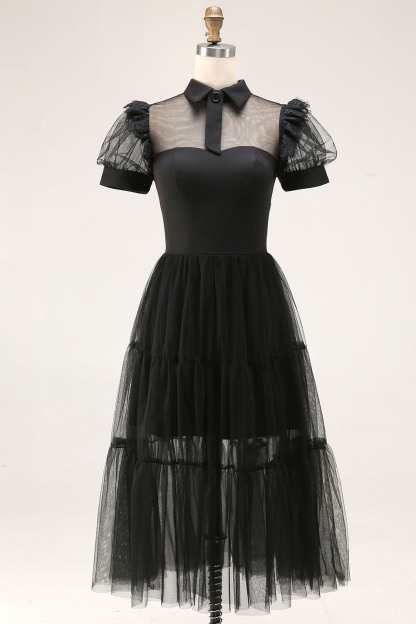 Black Tulle A Line Collar Neck Midi Cocktail Dress