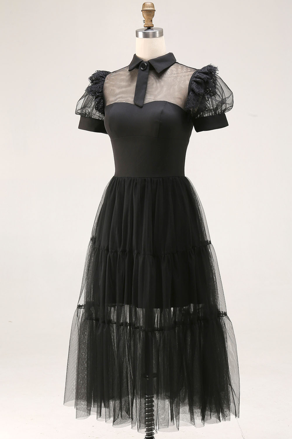 Black A Line Collar Neck Tulle Midi Cocktail Dress with Sleeves