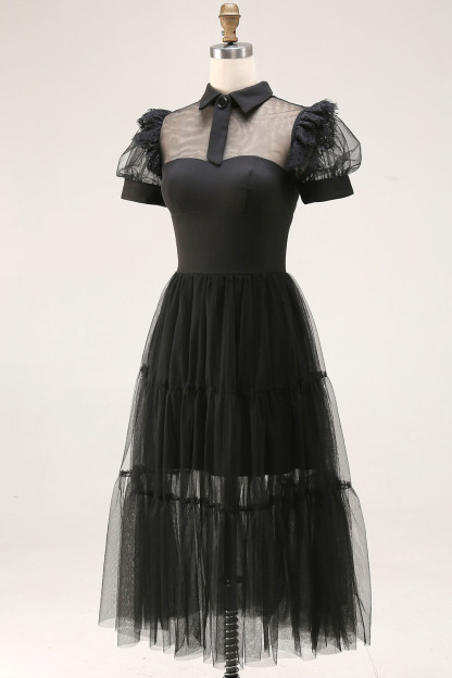 Black A Line Collar Neck Tulle Midi Cocktail Dress with Sleeves