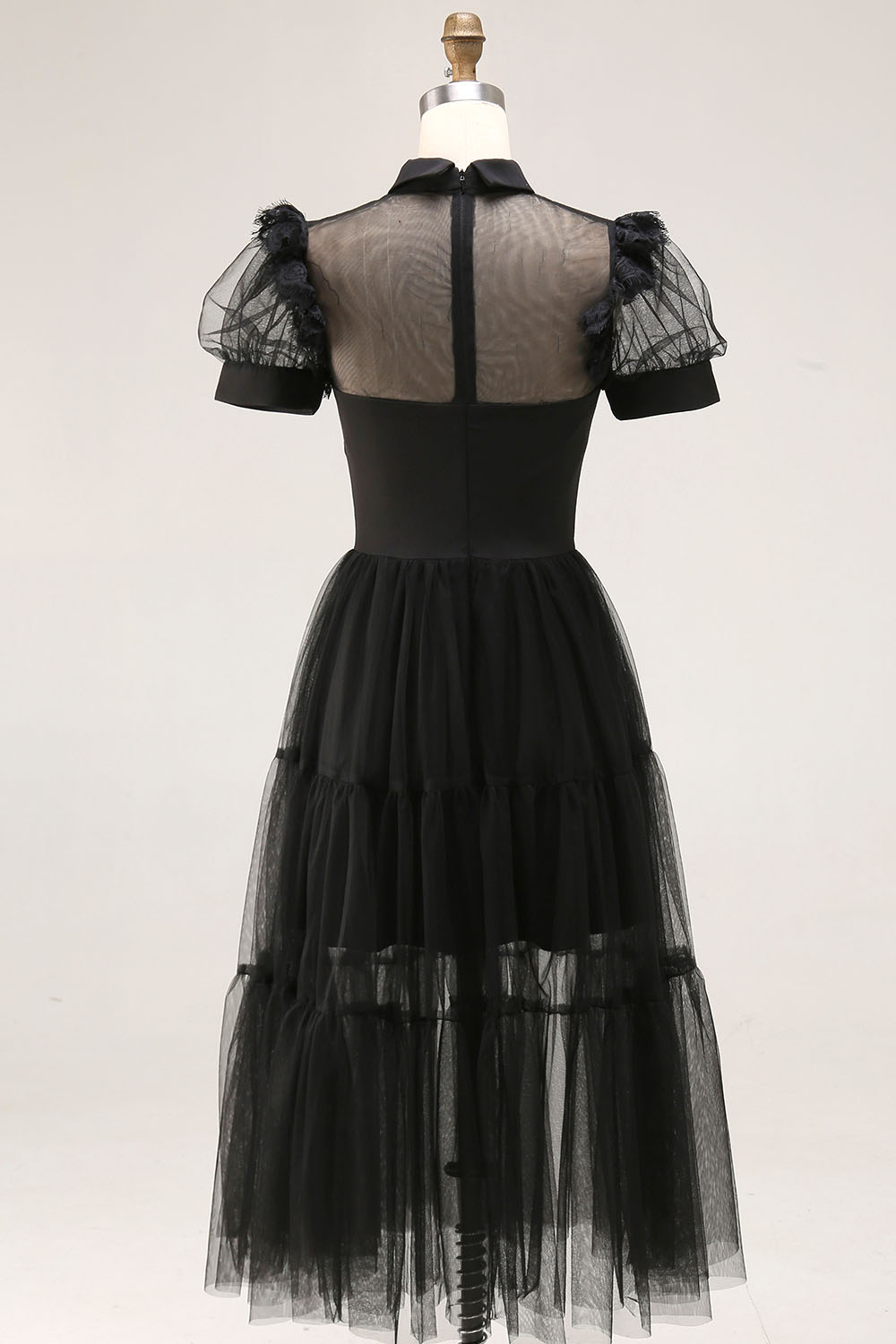 Black Tulle A Line Collar Neck Midi Cocktail Dress