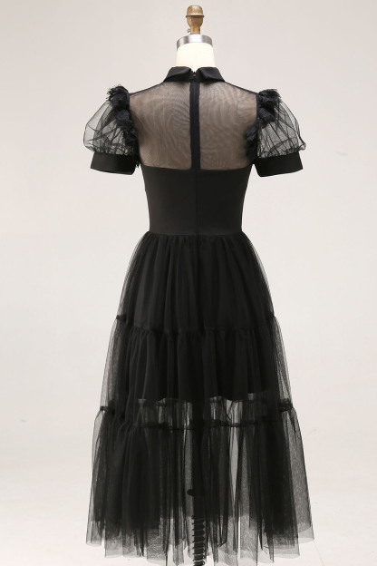 Black Tulle A Line Collar Neck Midi Cocktail Dress