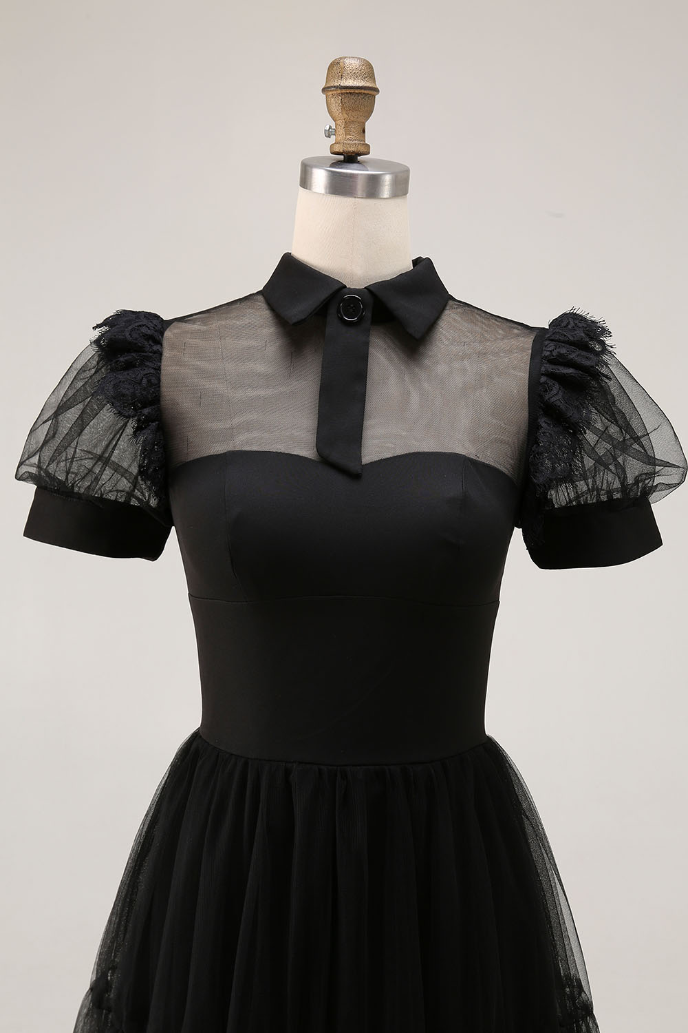 Black A Line Collar Neck Tulle Midi Cocktail Dress with Sleeves