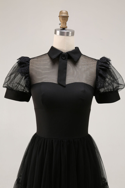 Black A Line Collar Neck Tulle Midi Cocktail Dress with Sleeves