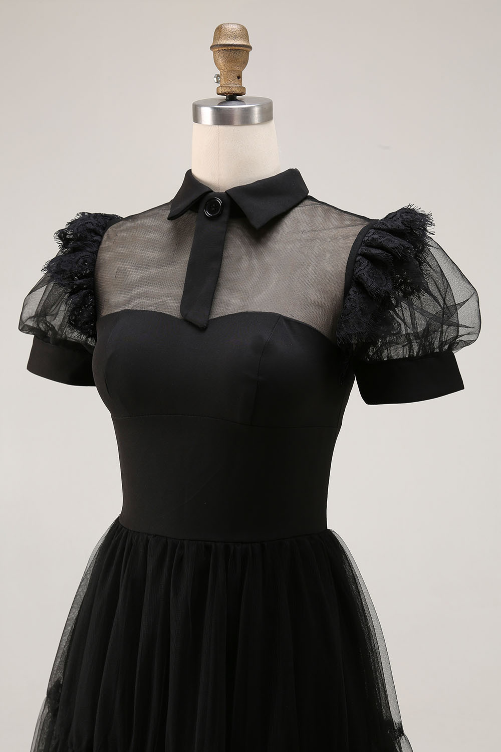 Black A Line Collar Neck Tulle Midi Cocktail Dress with Sleeves