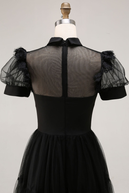 Black A Line Collar Neck Tulle Midi Cocktail Dress with Sleeves