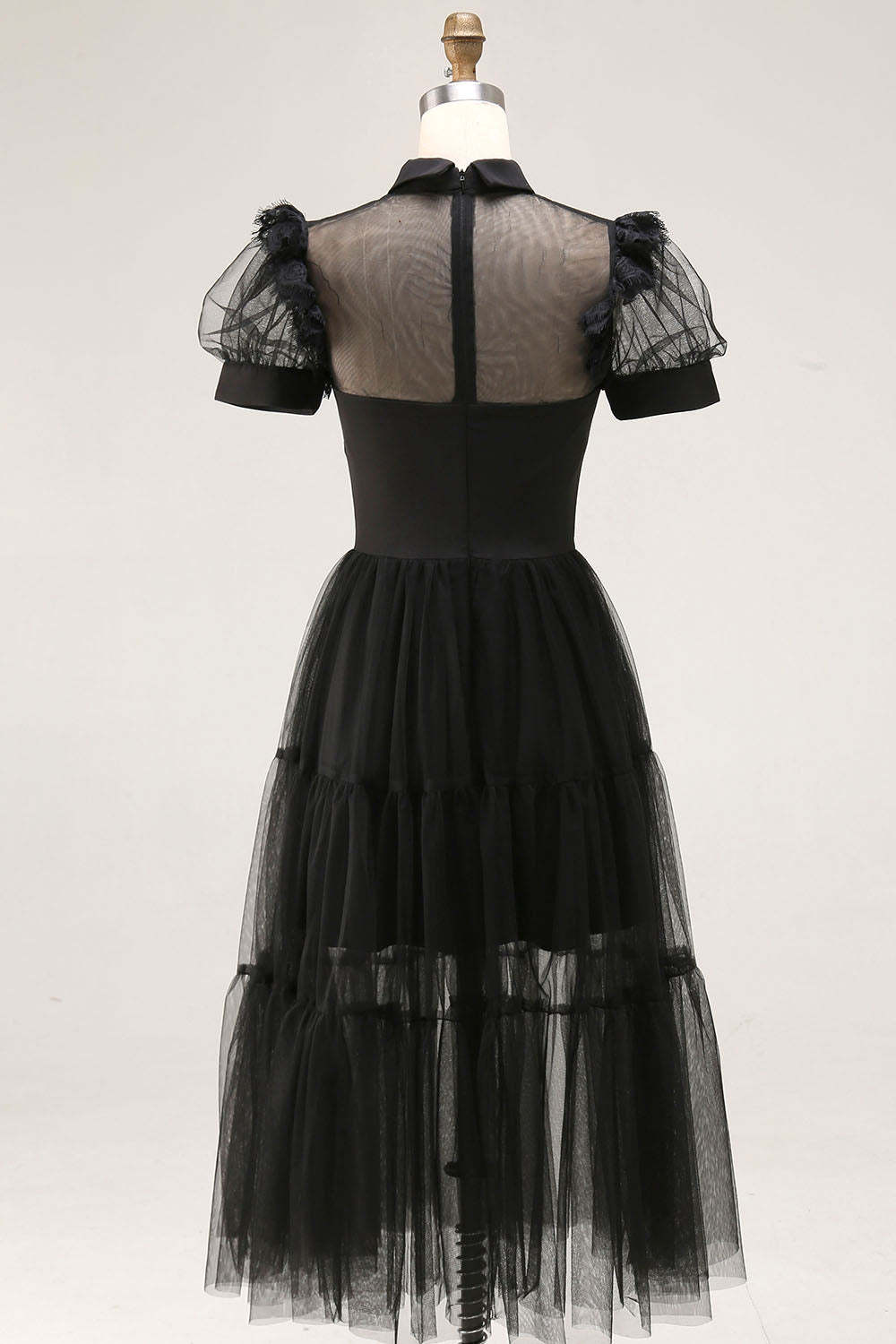 Plus Size Black A Line Collar Neck Midi Tulle Cocktail Dress