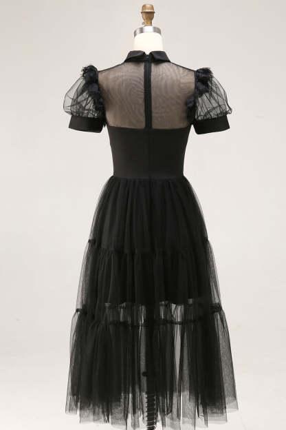 Plus Size Black A Line Collar Neck Midi Tulle Cocktail Dress