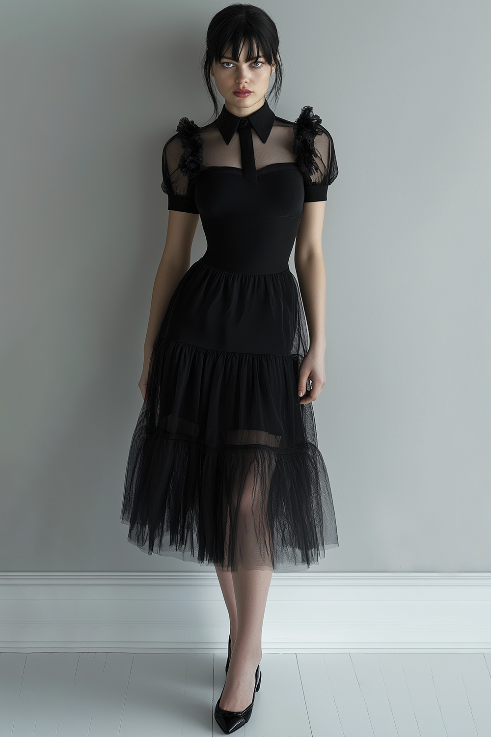 Black Tulle A Line Collar Neck Midi Cocktail Dress