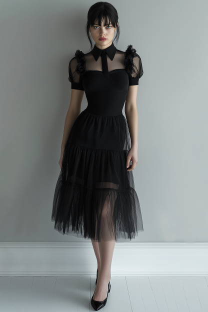 Black Tulle A Line Collar Neck Midi Cocktail Dress Cosplay Costume, Halloween Costume