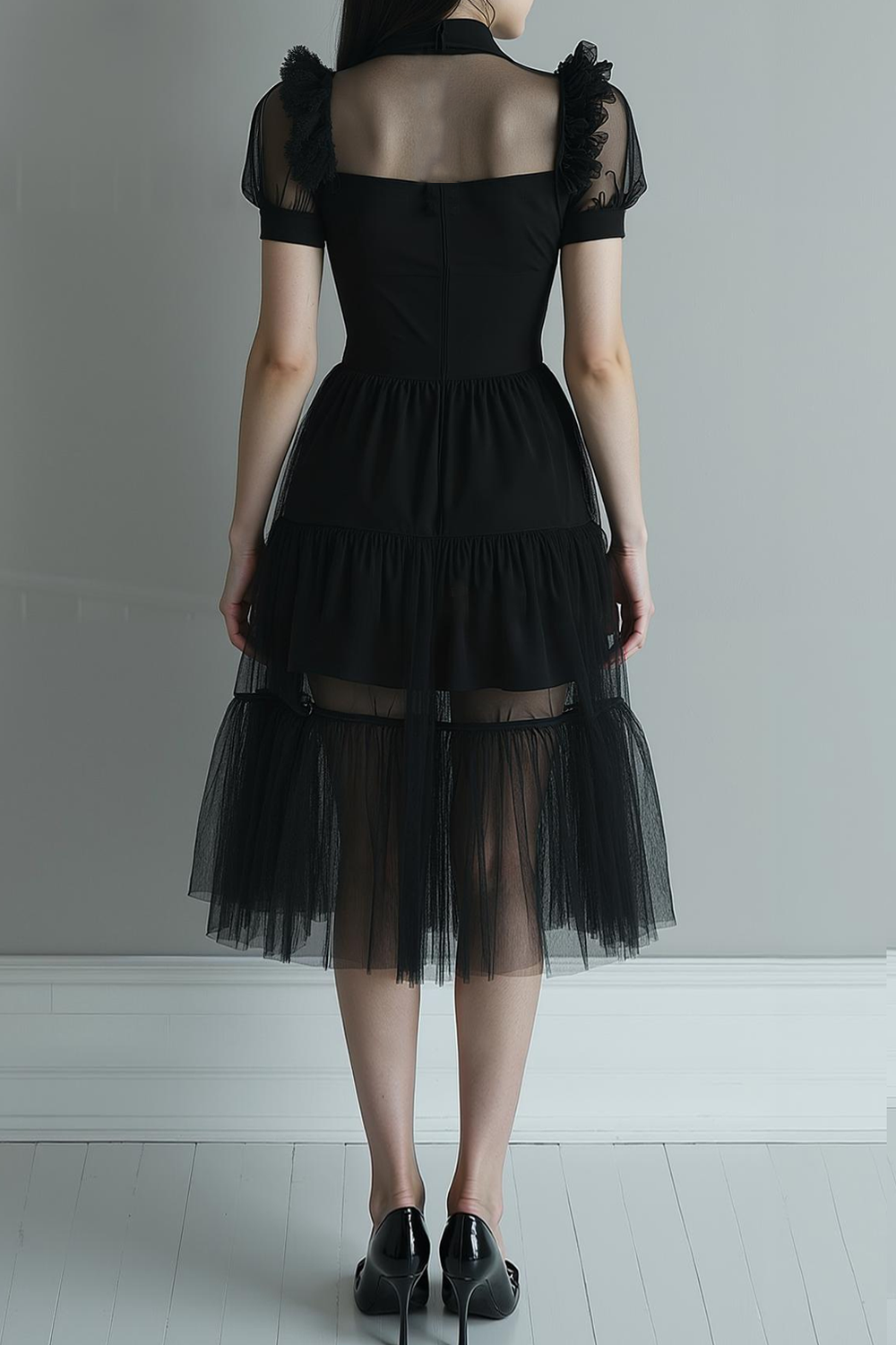 Black Tulle A Line Collar Neck Midi Cocktail Dress