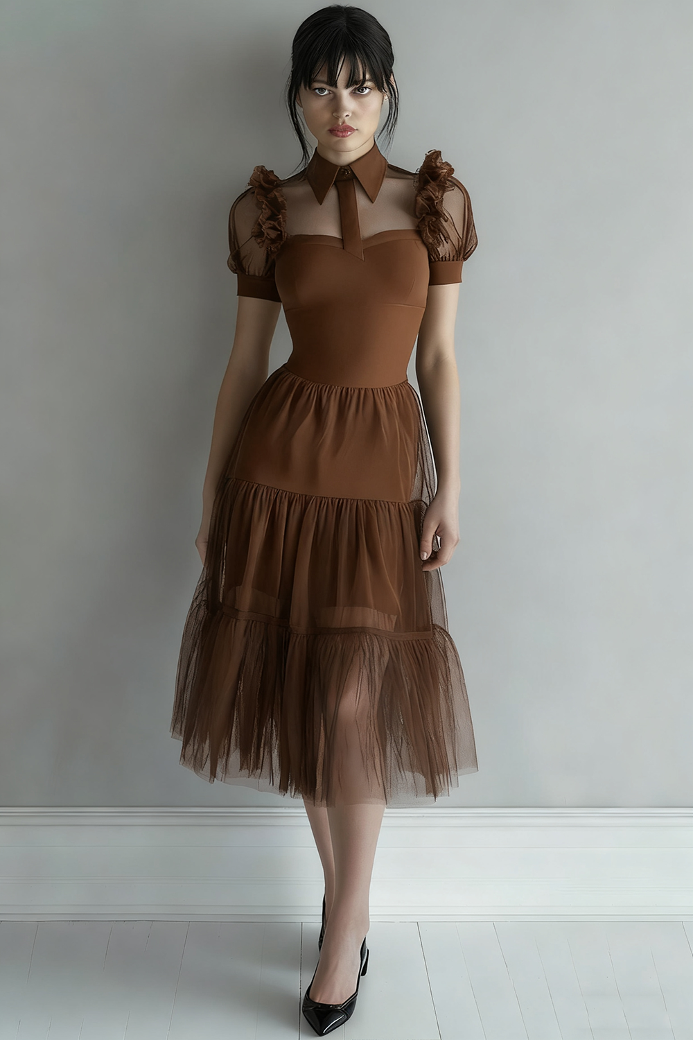 Plus Size Black A Line Collar Neck Midi Tulle Cocktail Dress