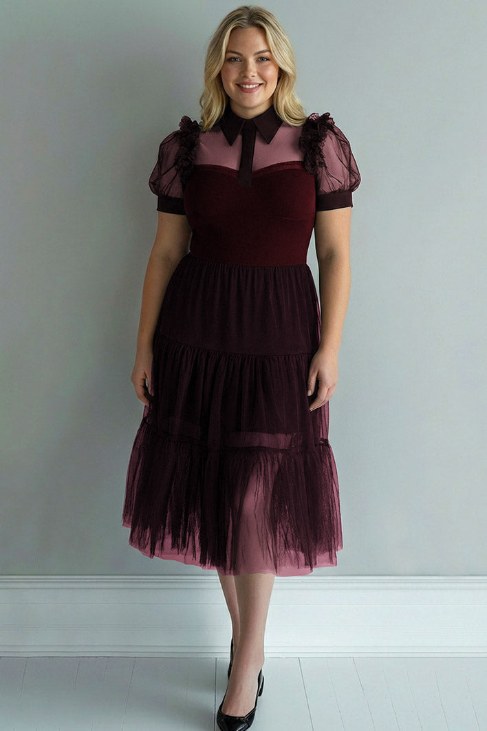 Plus Size Black A Line Collar Neck Midi Tulle Cocktail Dress