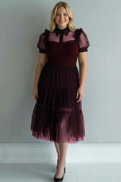 Plus Size Black A Line Collar Neck Midi Tulle Cocktail Dress