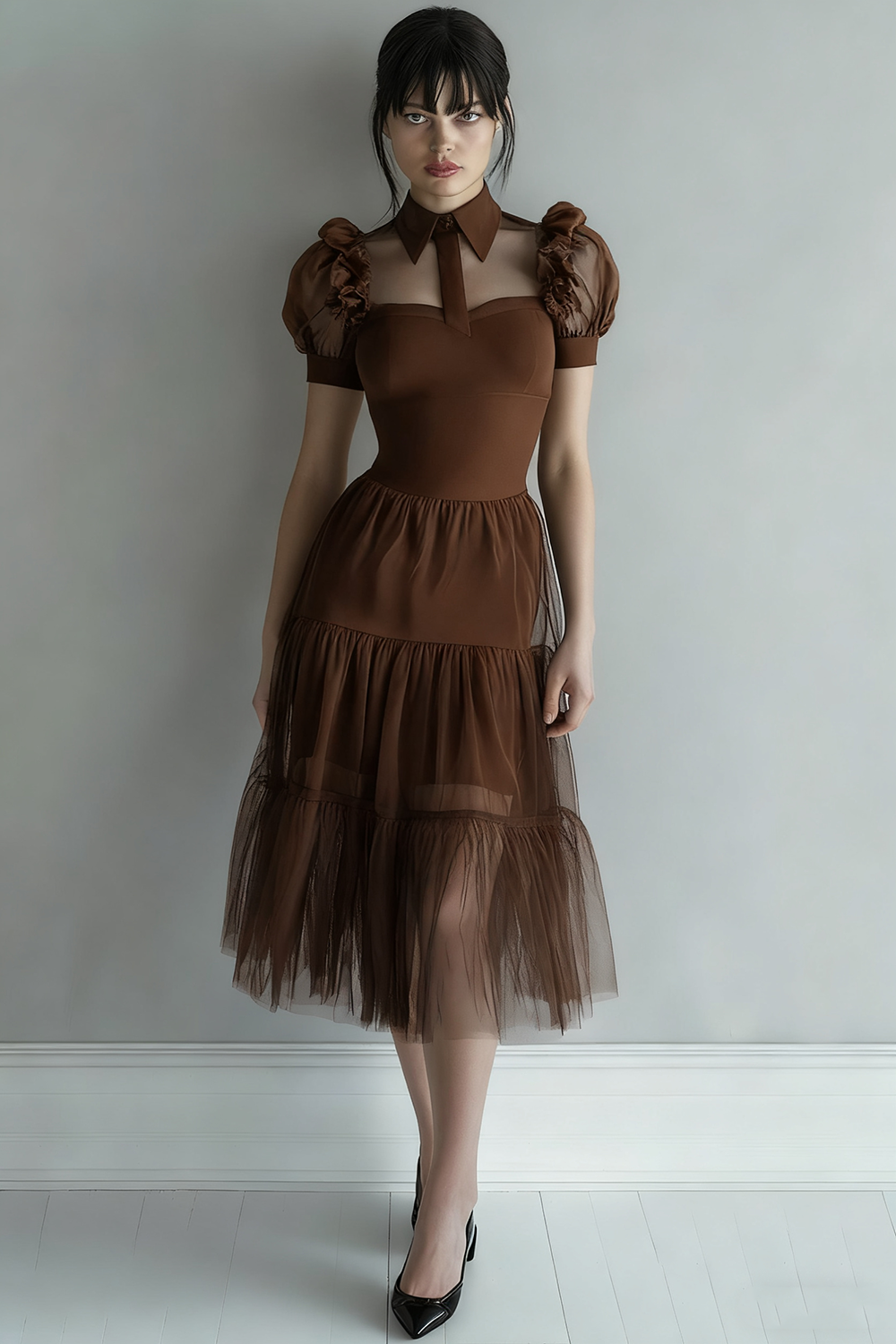 Plus Size Black A Line Collar Neck Midi Tulle Cocktail Dress