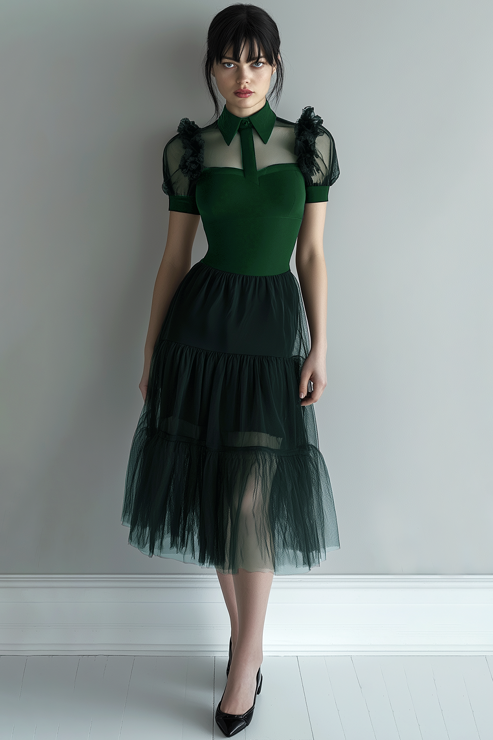 Black Tulle A Line Collar Neck Midi Cocktail Dress