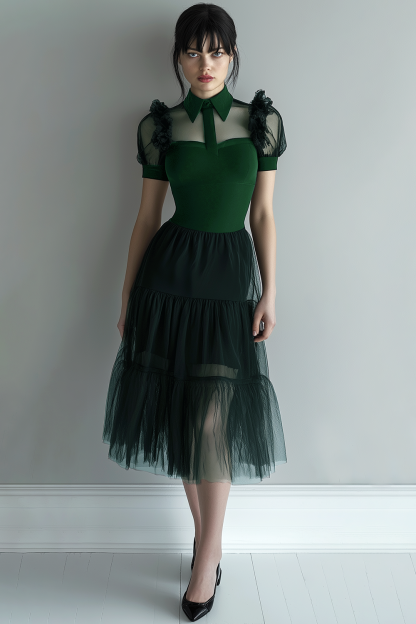 Black Tulle A Line Collar Neck Midi Cocktail Dress