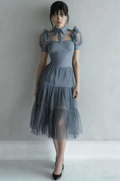 Black Tulle A Line Collar Neck Midi Cocktail Party Dress Cosplay Costume