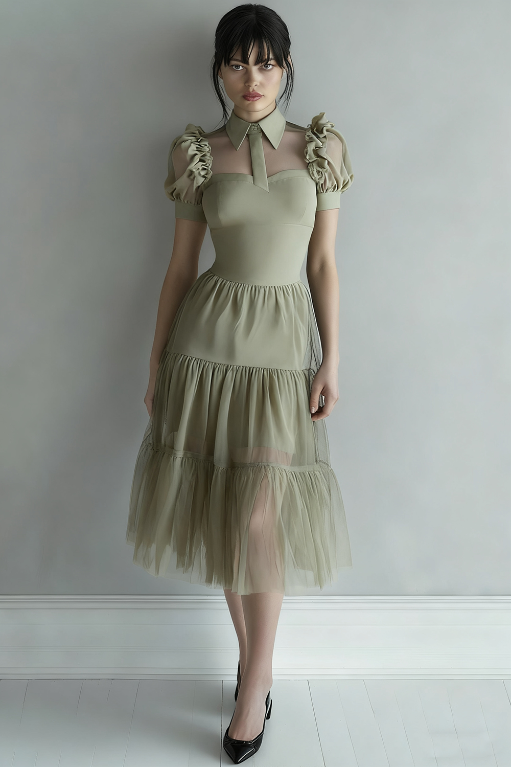 Black Tulle A Line Collar Neck Midi Cocktail Party Dress Cosplay Costume