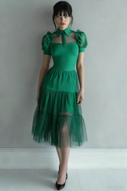 Plus Size Black A Line Collar Neck Midi Tulle Cocktail Dress