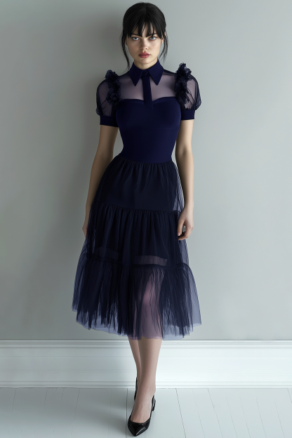Black Tulle A Line Collar Neck Midi Cocktail Dress