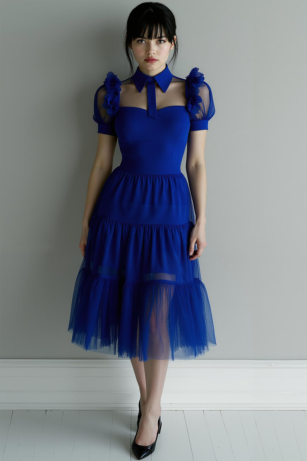 Black Tulle A Line Collar Neck Midi Cocktail Dress