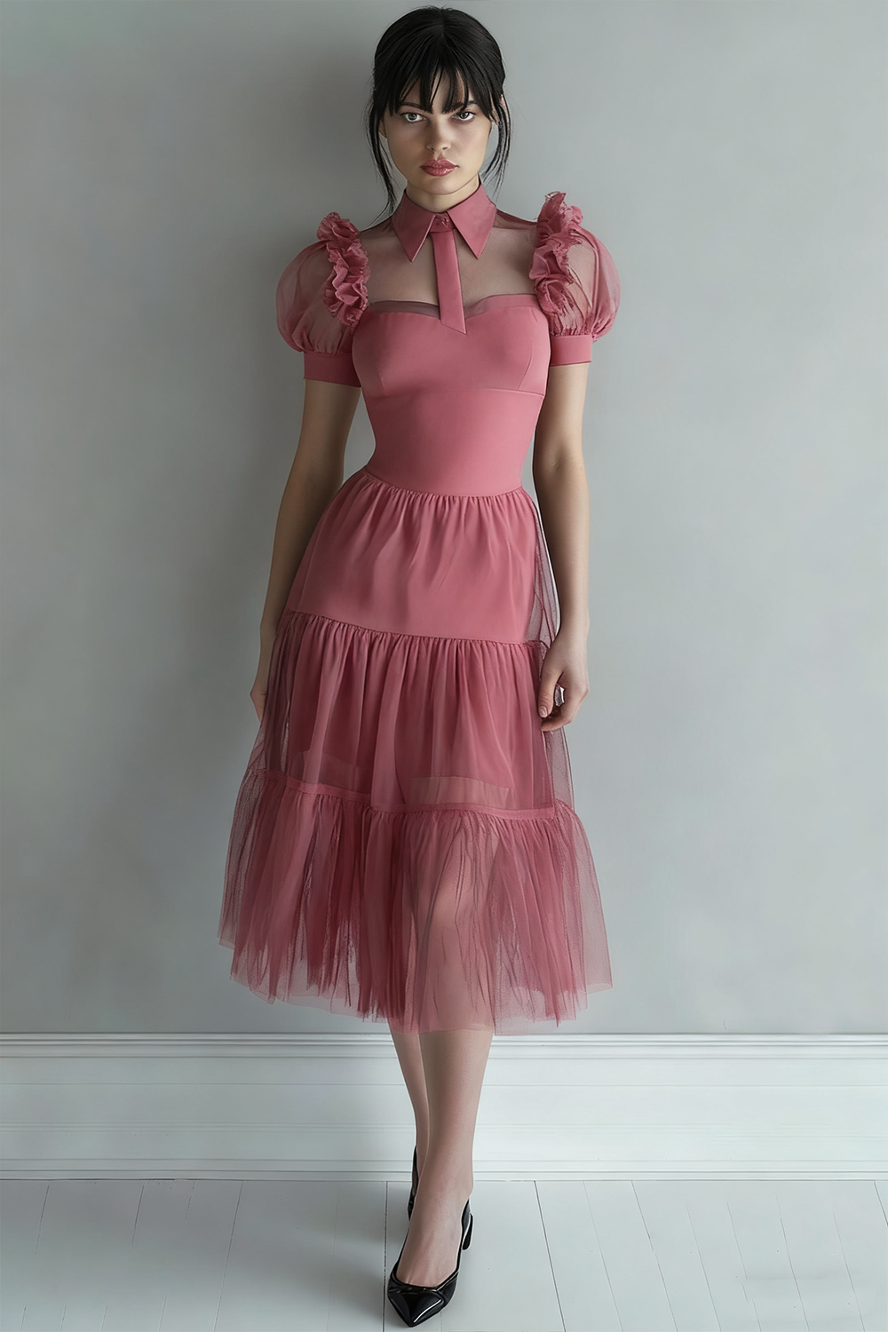 Black Tulle A Line Collar Neck Midi Cocktail Party Dress Cosplay Costume