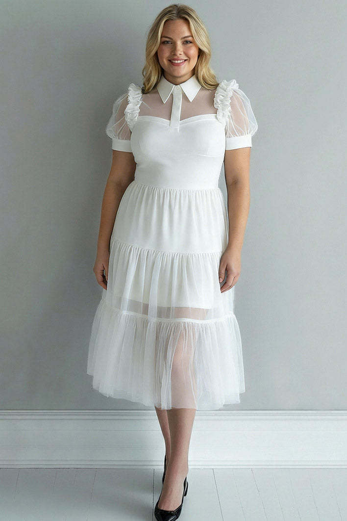 Plus Size Black A Line Collar Neck Midi Tulle Cocktail Dress