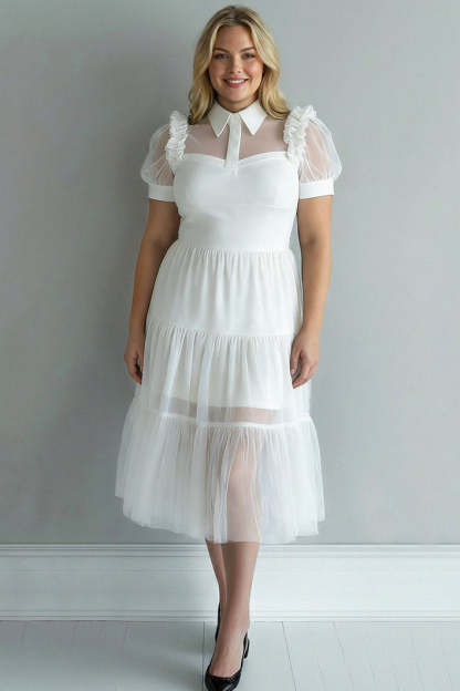 Plus Size Black A Line Collar Neck Midi Tulle Cocktail Dress