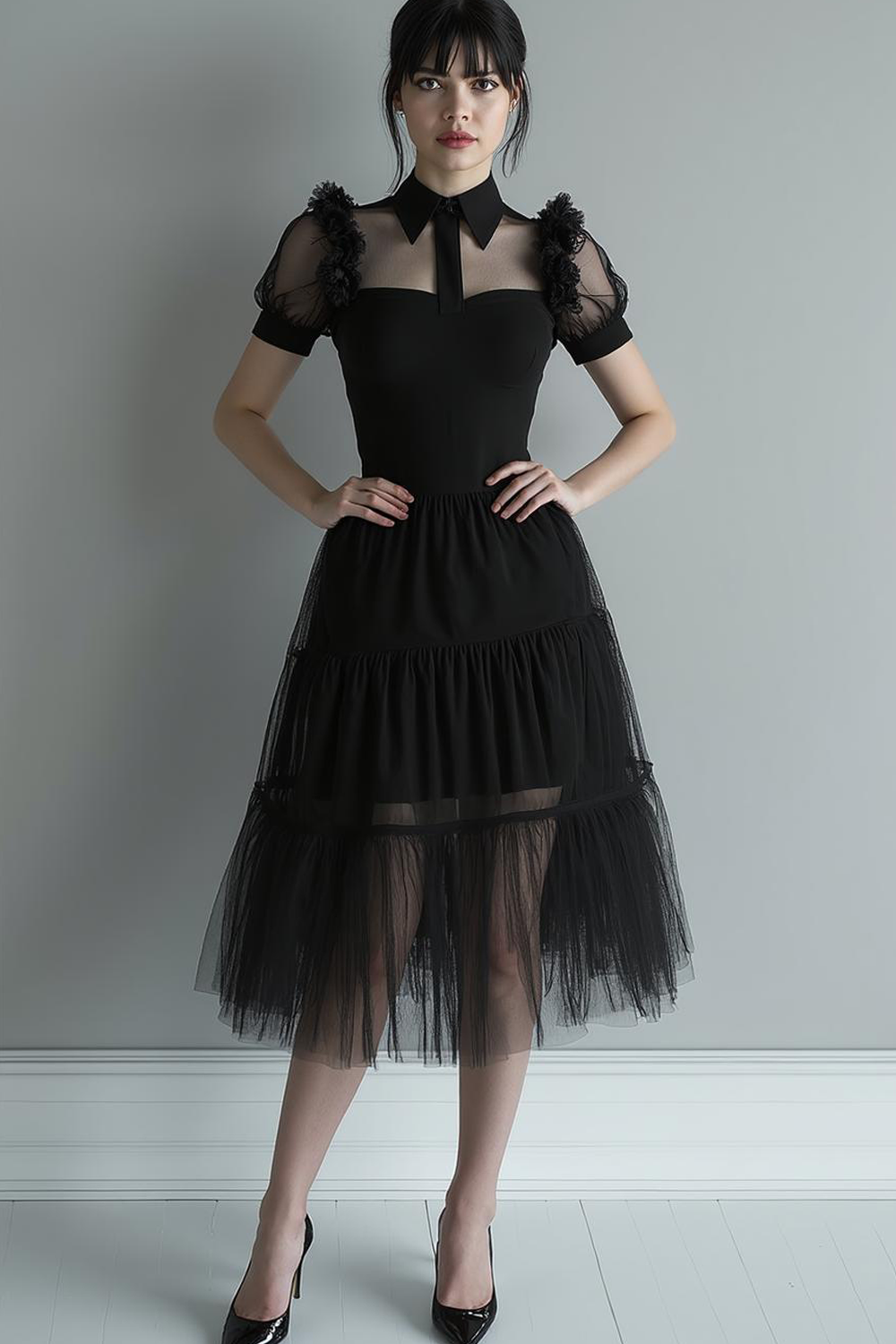 Plus Size Black A Line Collar Neck Midi Tulle Cocktail Dress