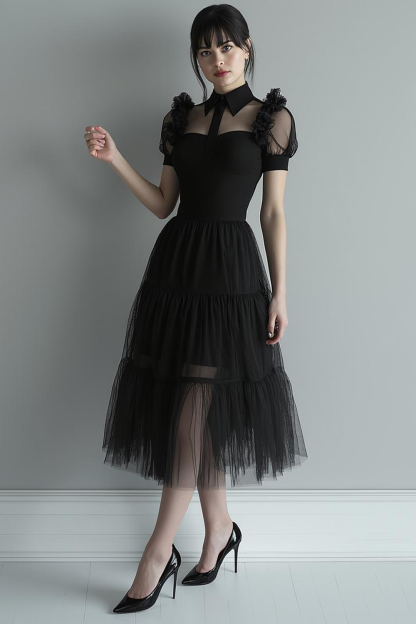 Plus Size Black A Line Collar Neck Midi Tulle Cocktail Dress