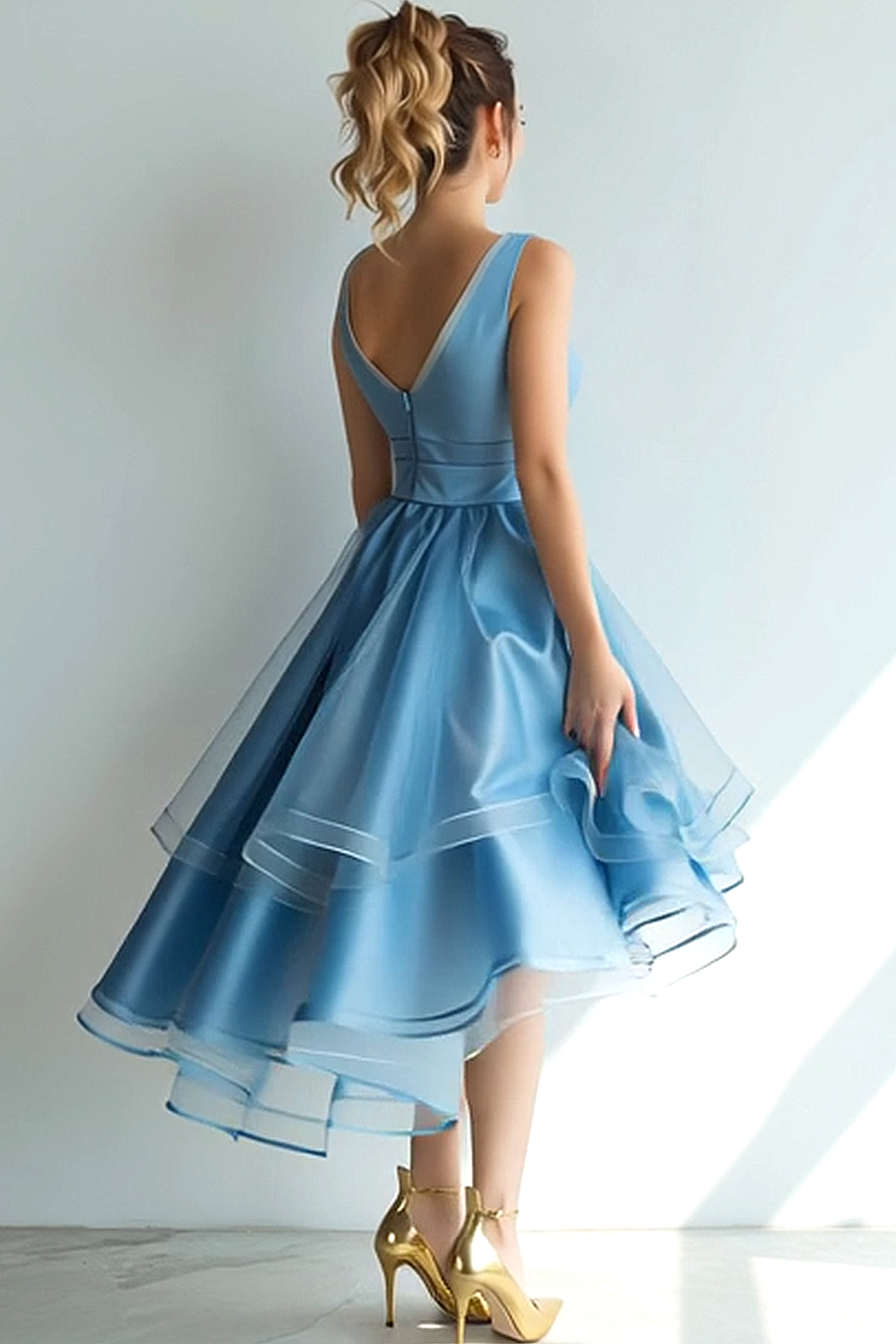 Blue A Line Deep V-Neck High Low Cocktail Dress with Ruffles