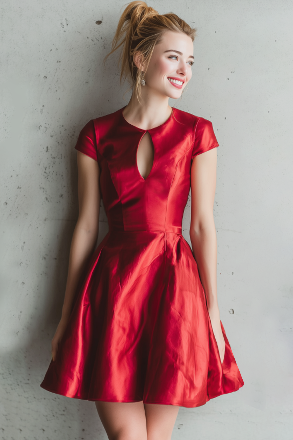 Leely Women Red Satin Short Cocktail Dress with Keyhole A Line Round Neck Party Dress