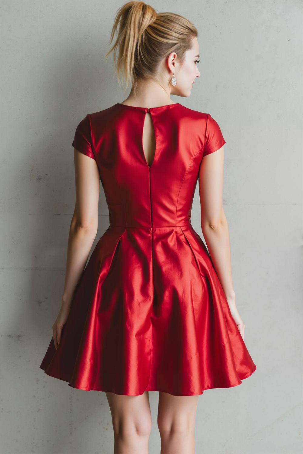 Red Satin A Line Round Neck Short Cocktail Dress with Keyhole