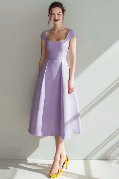 Lilac Satin A Line Square Neck Midi Bridesmaid Dress with Sleeves