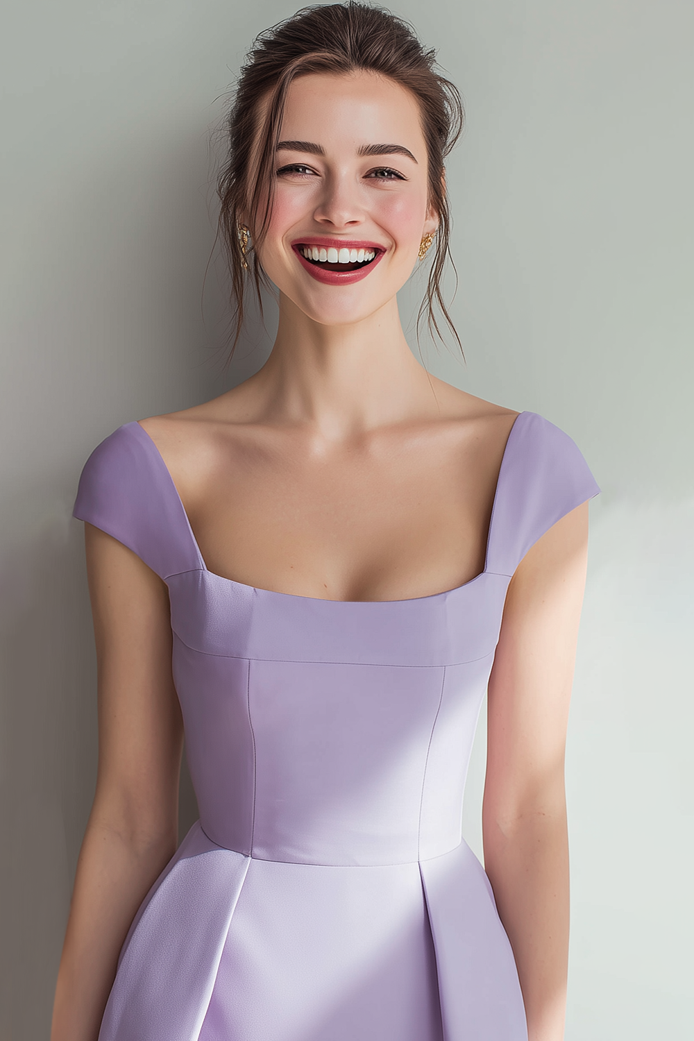 Lilac Satin A Line Square Neck Midi Bridesmaid Dress with Sleeves