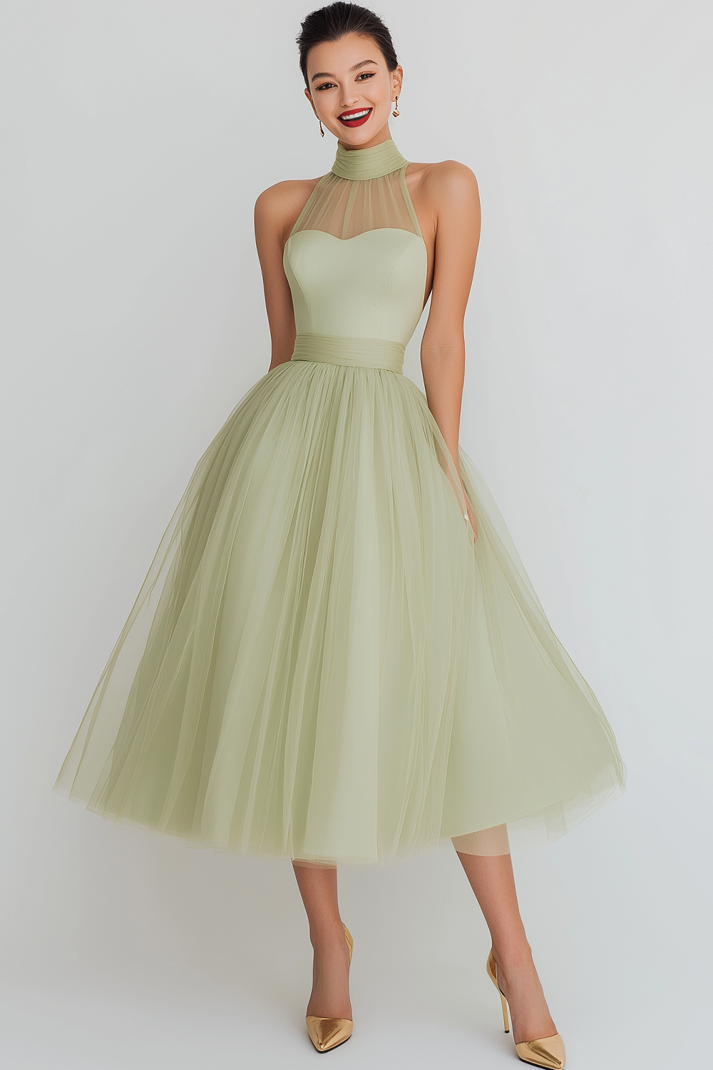 Light Green High Neck A Line Midi Flowy Wedding Guest Dress
