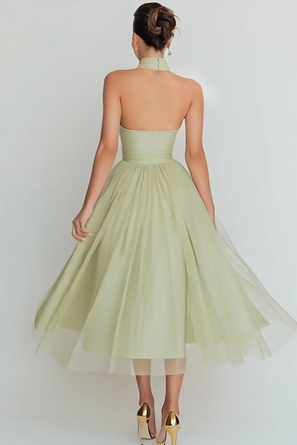 Light Green High Neck A Line Midi Flowy Wedding Guest Dress