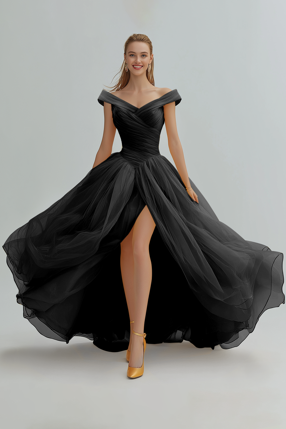 Yellow A Line Long Off the Shoulder Formal Dress with Slit