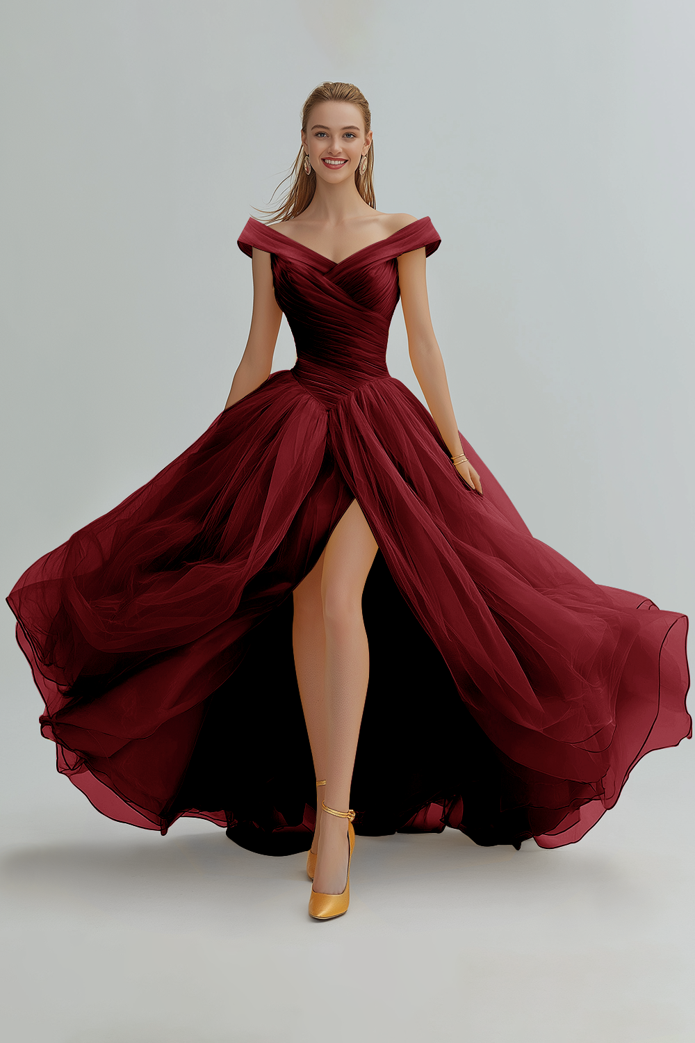 Yellow A Line Long Off the Shoulder Formal Dress with Slit