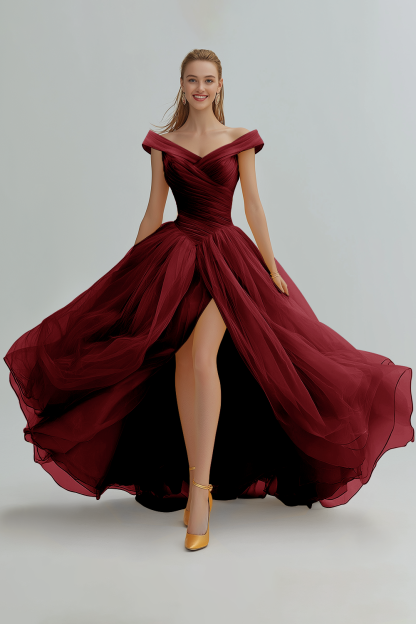 Yellow A Line Long Off the Shoulder Formal Dress with Slit