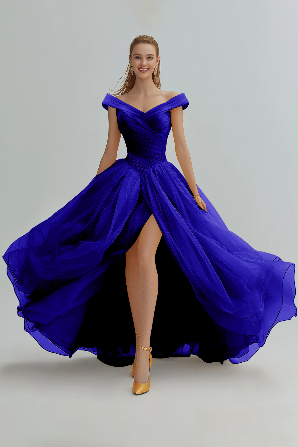 Yellow A Line Long Off the Shoulder Formal Dress with Slit